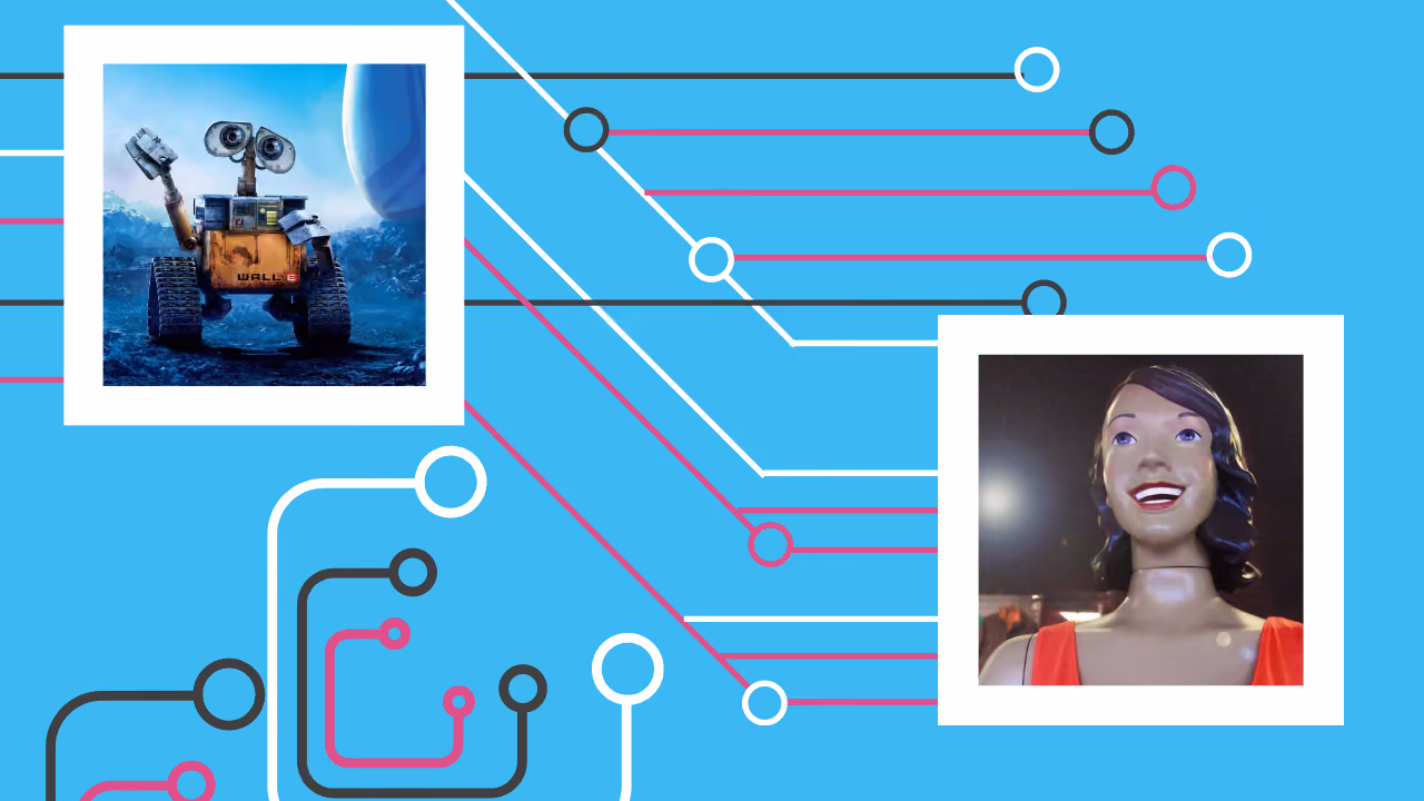 Two framed pictures wired into a circuit board: WALL·E on a ruined planet, and Sophia the humanoid robot in a red dress