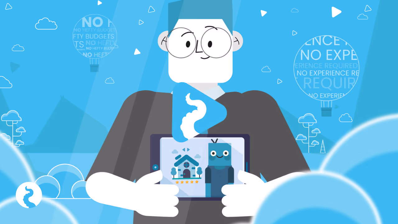 A Squideo thumbnail: a wide-eyed character in a suit holding up a tablet showing an animated house and a robot, the Squideo play button in front, hot-air balloons behind reading 'no hefty budgets' and 'no experience required'