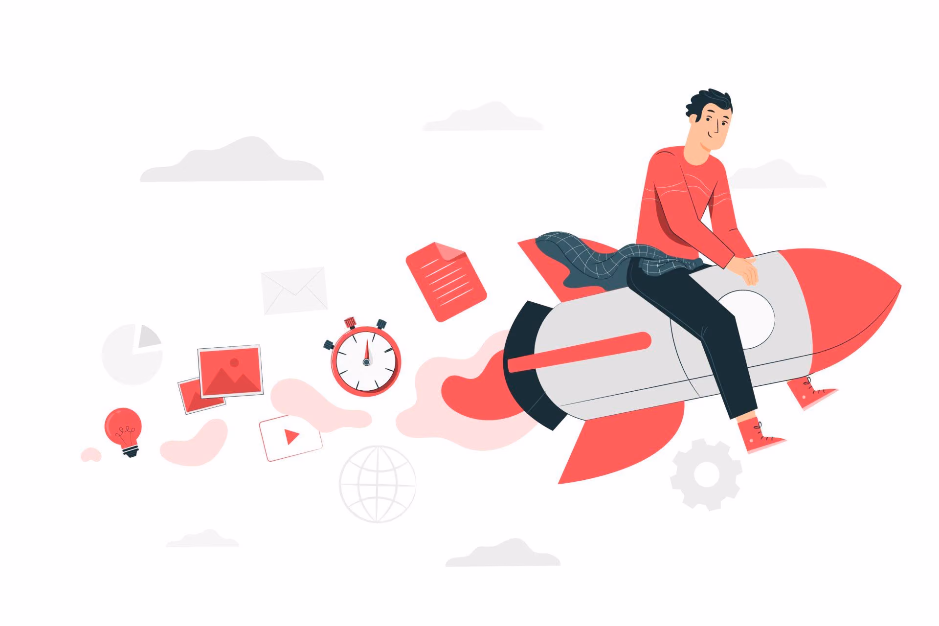 A flat illustration of a man riding a rocket, trailed by a stopwatch, photographs, a document and a play button