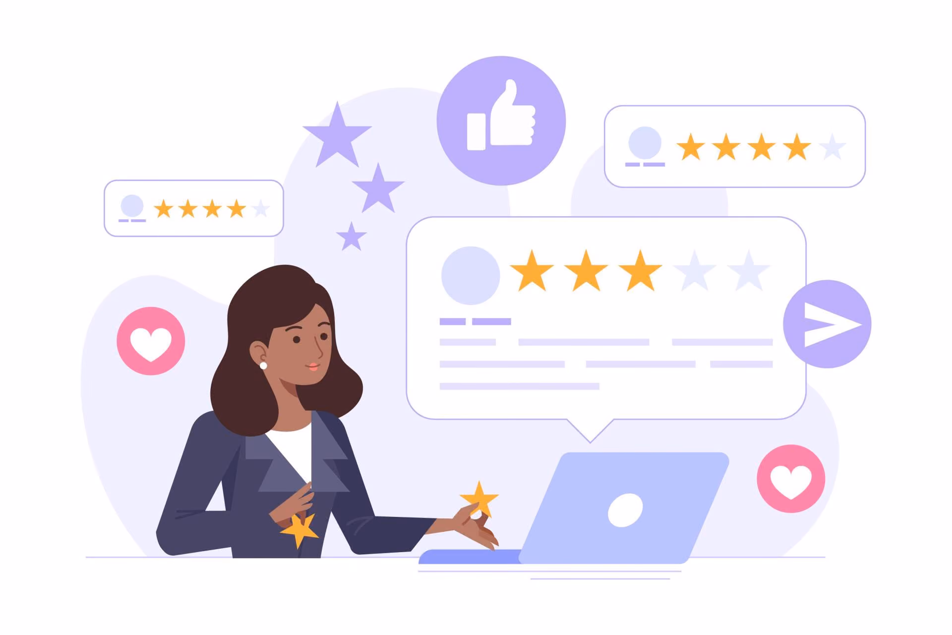 A flat illustration of a woman at a laptop surrounded by star ratings, hearts and a thumbs up