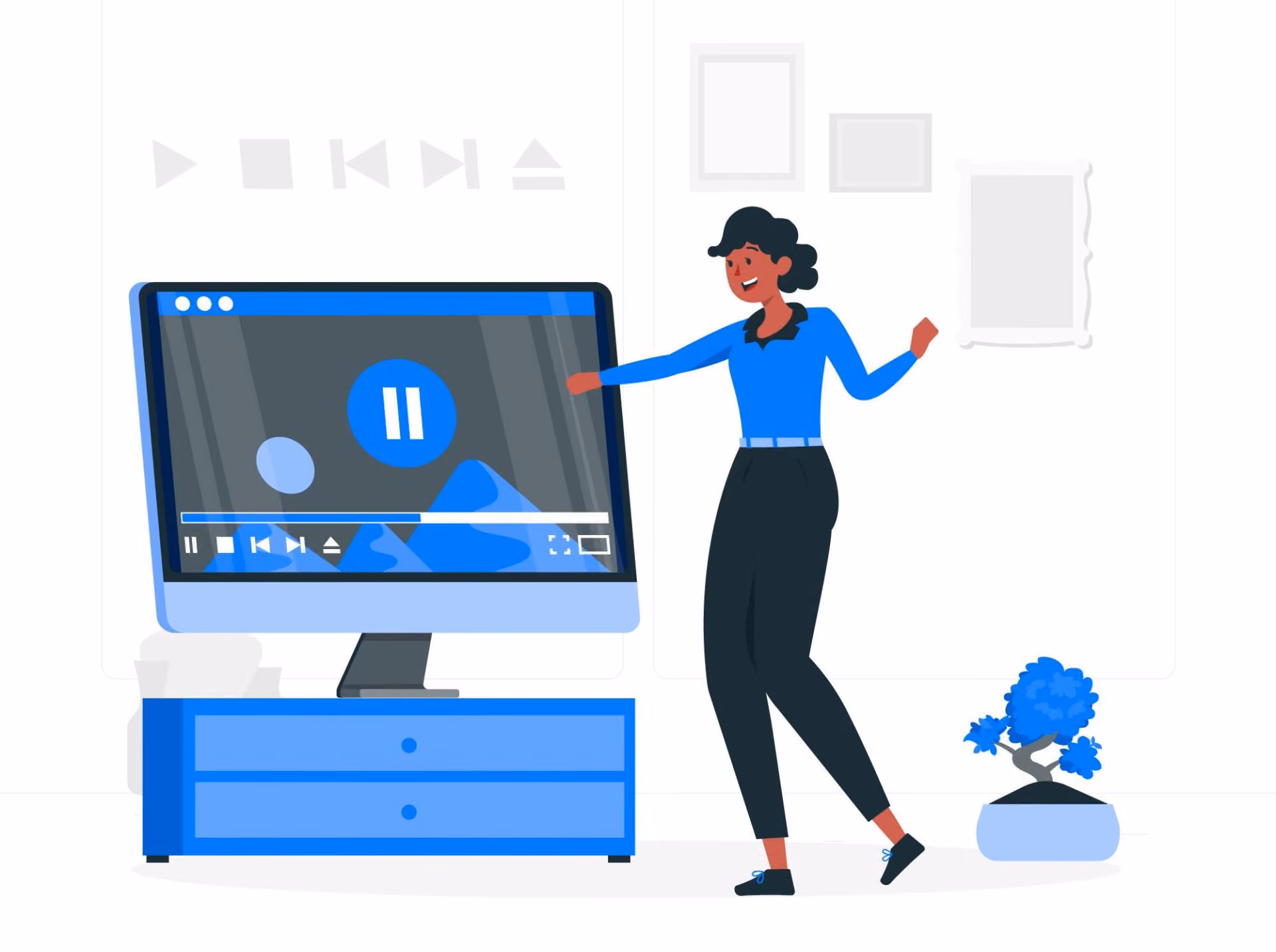 A flat illustration of a woman beside a large monitor showing a paused video