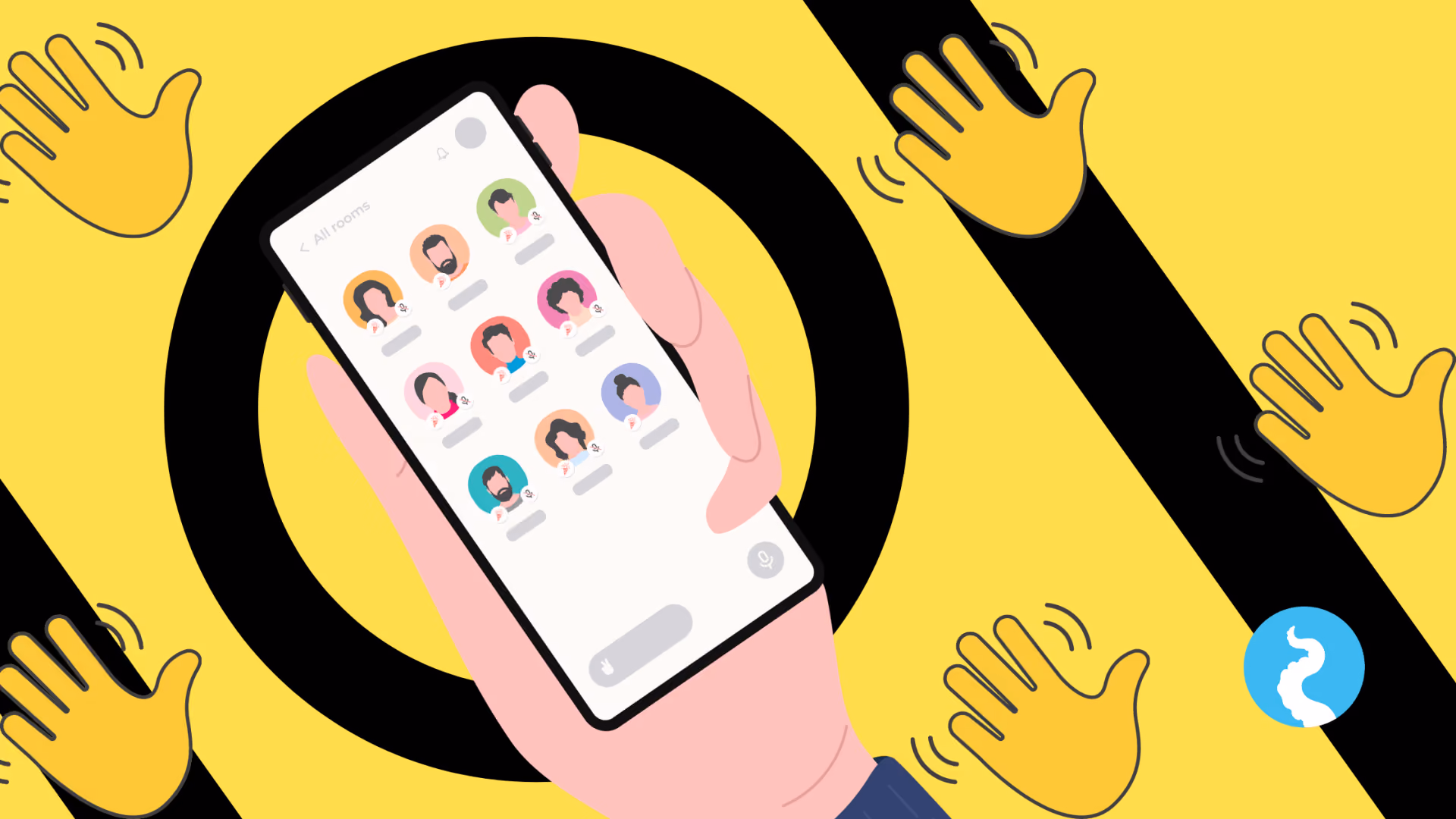 A hand holding a phone showing a Clubhouse room of speakers, against a yellow background scattered with waving-hand emoji
