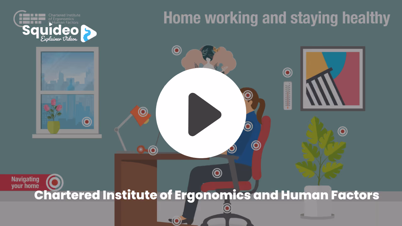 The Chartered Institute of Ergonomics and Human Factors' Home Working and Staying Healthy: an illustrated home office with a woman at a desk, red target markers dotted over her posture, the chair, the desk, the lamp, the window and the room temperature