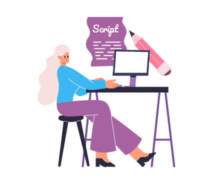 A flat illustration of a woman at a desk typing, a sheet headed 'Script' and an oversized pencil floating beside the monitor