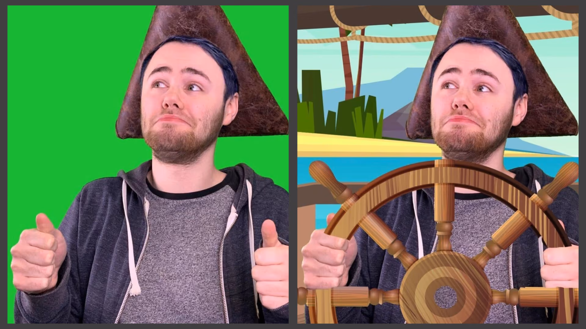The same shot twice: a man in a pirate hat and grey hoodie gripping an invisible wheel against a green screen, and the finished frame with an animated ship's wheel, deck and island behind him