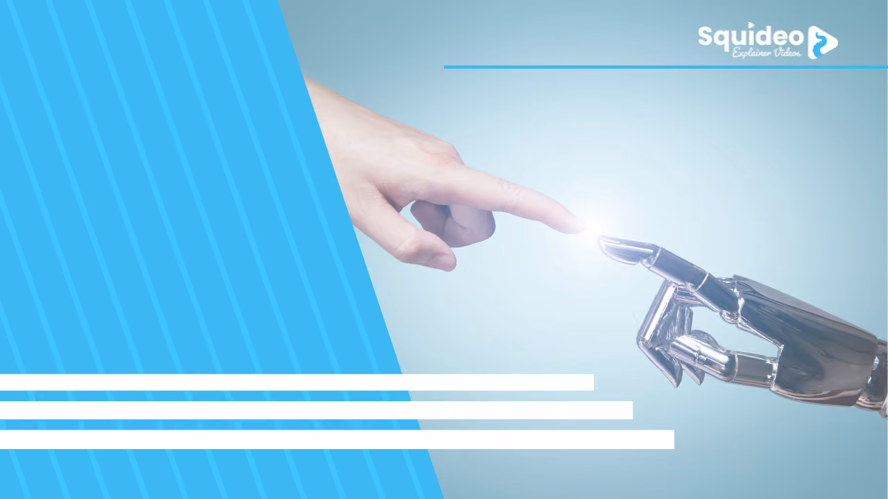 A Squideo banner: a human index finger and a chrome robotic finger almost touching, a spark of light between them