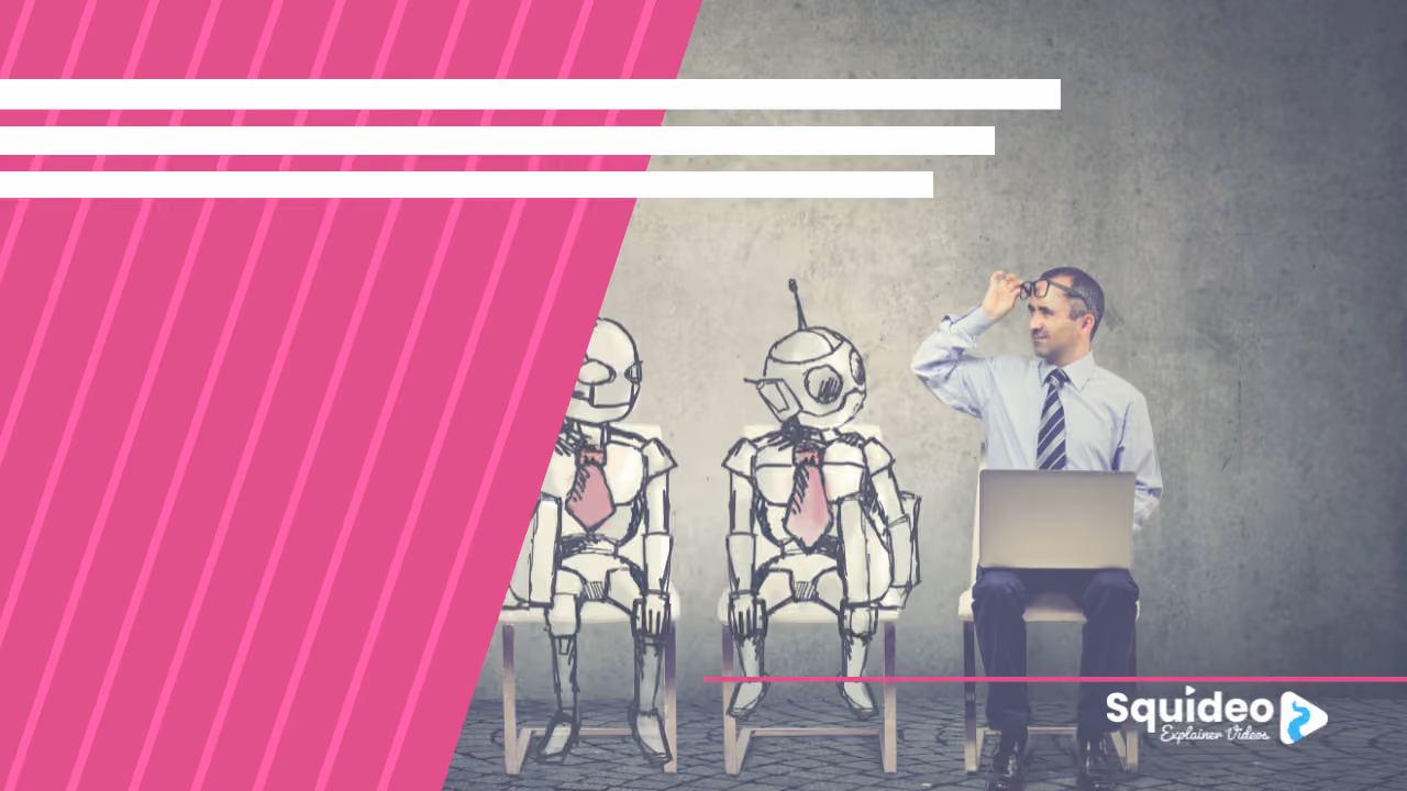 A Squideo banner: a man in a shirt and tie sitting with a laptop, lifting his glasses to look at two sketched robots in ties waiting on chairs beside him