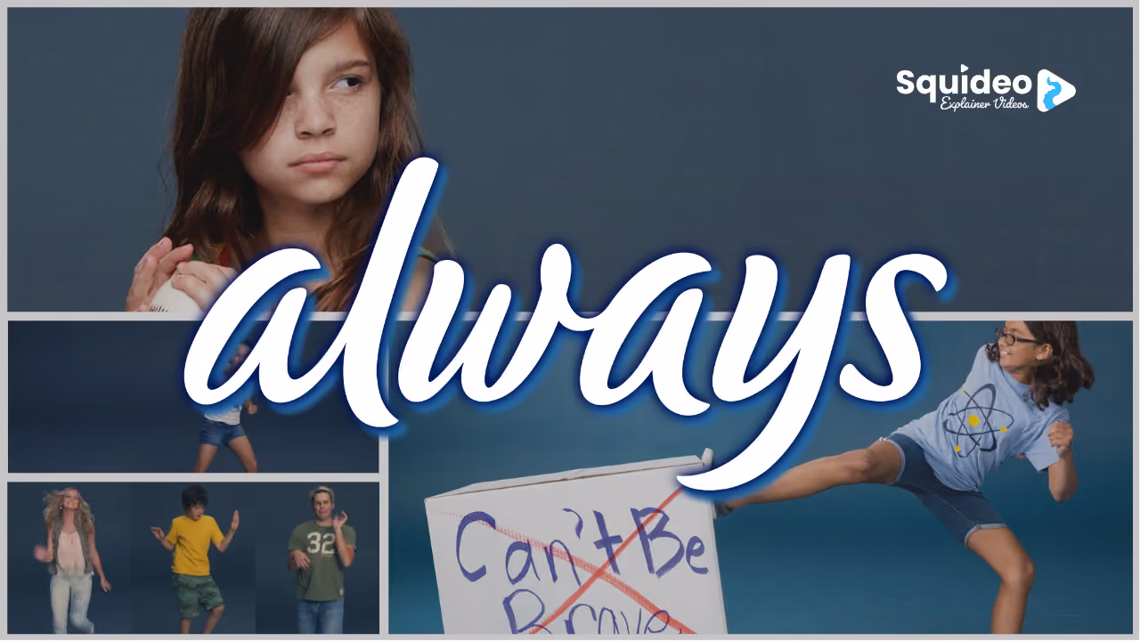 A collage from Always' Like a Girl campaign under the brand's script logo: a girl holding a baseball, a girl mid-throw, a row of teenagers acting out 'run like a girl', and a girl kicking through a board on which 'can't' has been crossed out in red above 'be brave'
