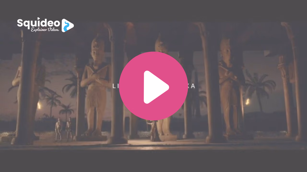 A dim Egyptian temple at dusk, rows of painted columns and colossal statues, two tiny figures walking between them