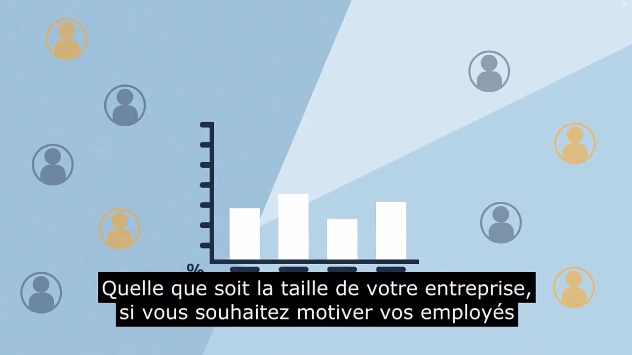 A frame from an animated video, a bar chart on a pale blue background ringed with user icons, with a burnt-in French subtitle: 'Quelle que soit la taille de votre entreprise, si vous souhaitez motiver vos employés'