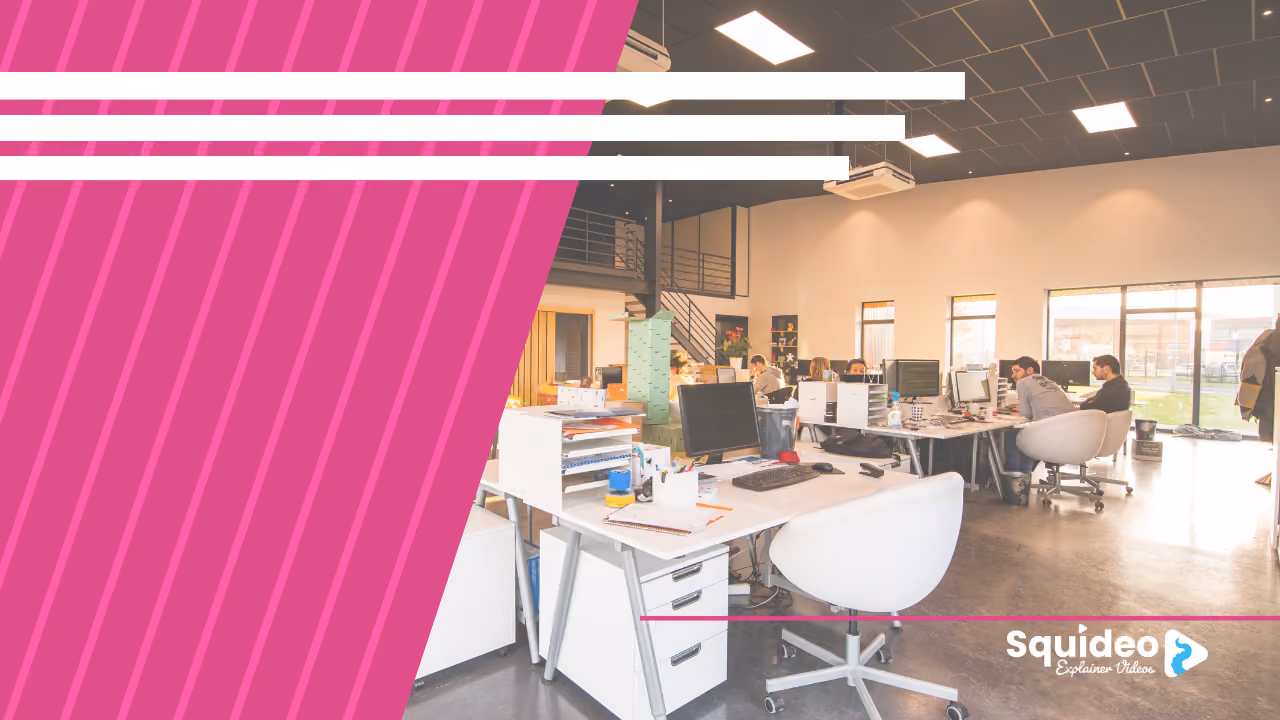 A Squideo banner: an open-plan studio with people working at desks along a wall of windows, behind a pink diagonal panel
