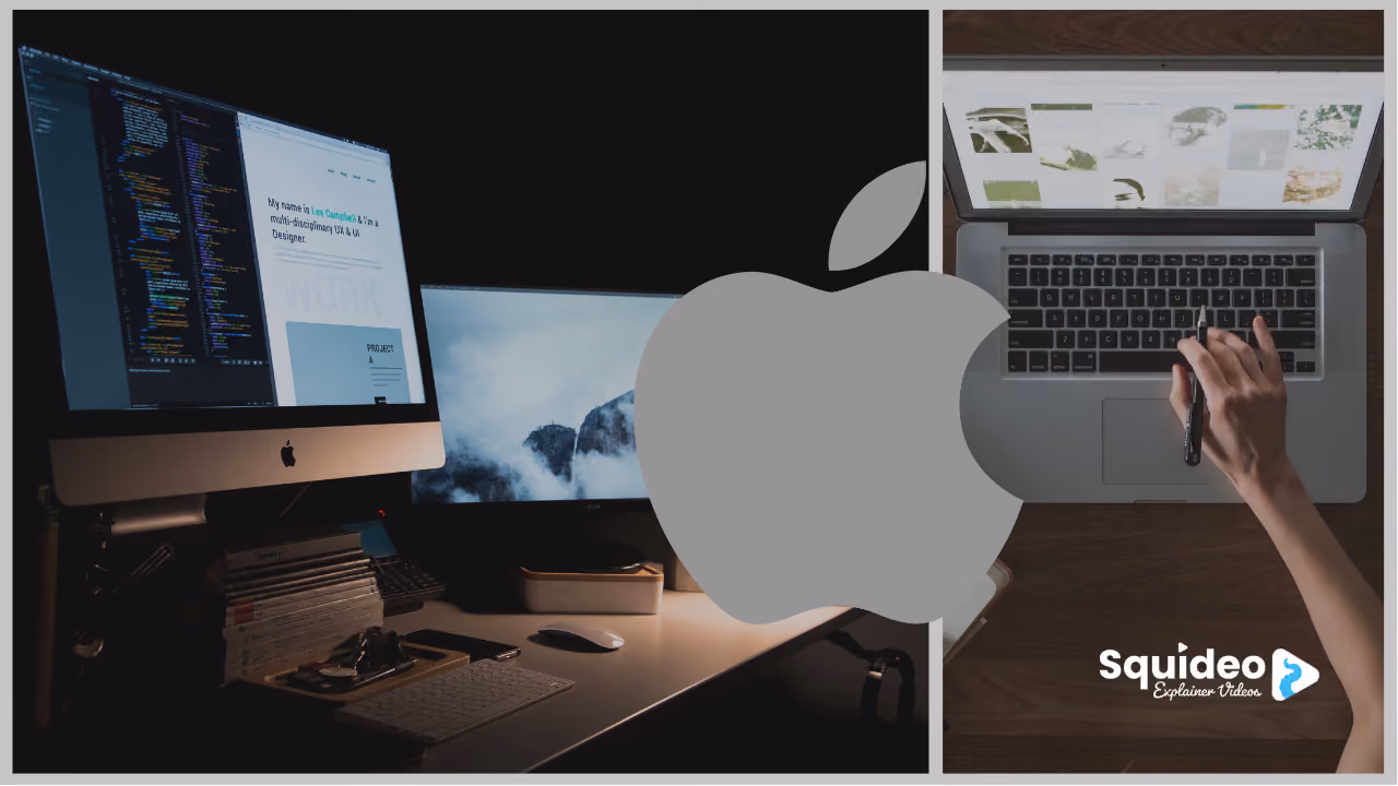 Two workspaces either side of a large grey Apple logo: an iMac at night showing code beside a designer's portfolio, and a MacBook seen from above, a hand at the trackpad, a grid of photographs on screen