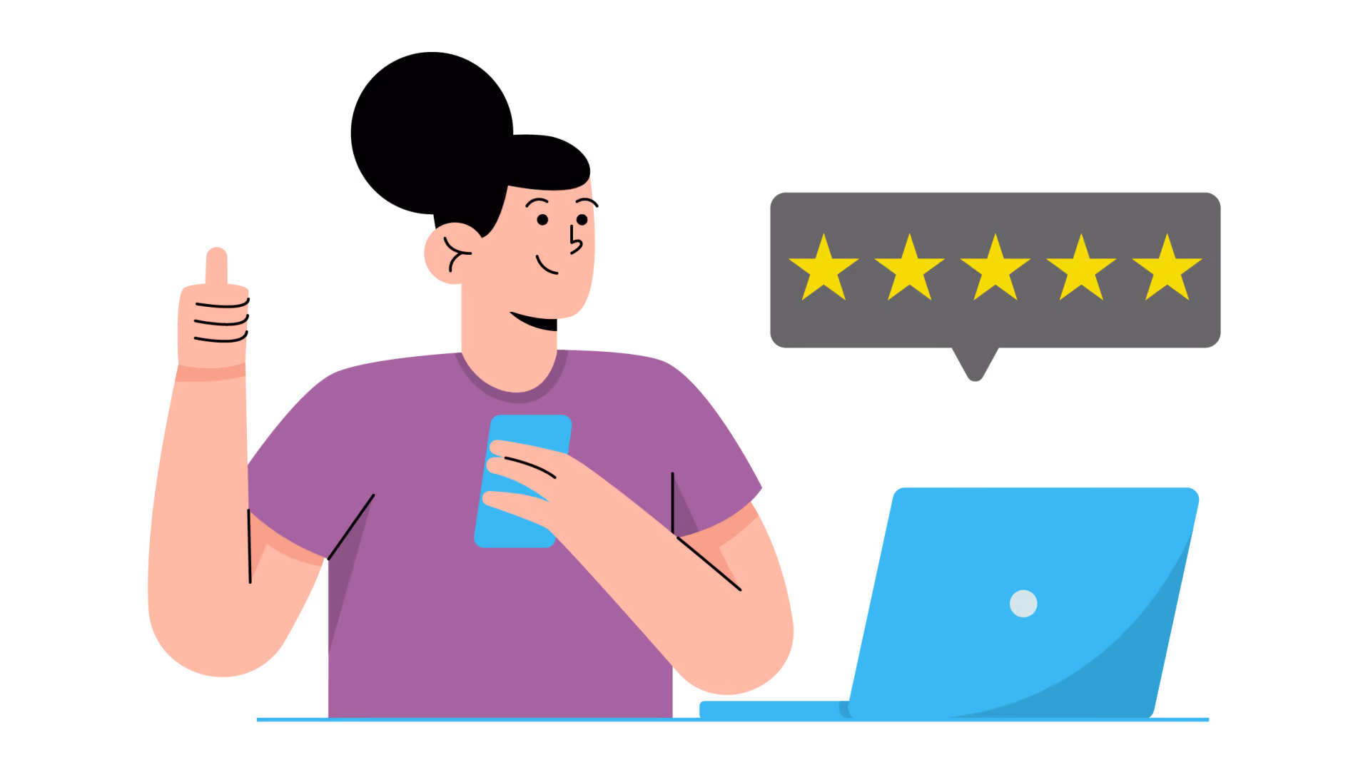 A flat illustration of a man giving a thumbs up beside a laptop, holding a phone, a five-star speech bubble above him