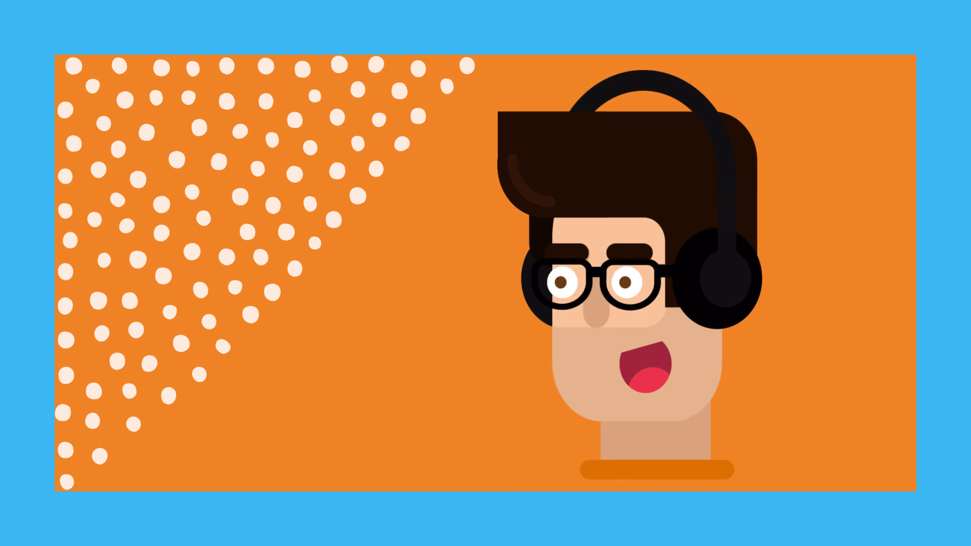 A flat vector portrait of a man in glasses and over-ear headphones, singing, on an orange panel scattered with cream dots