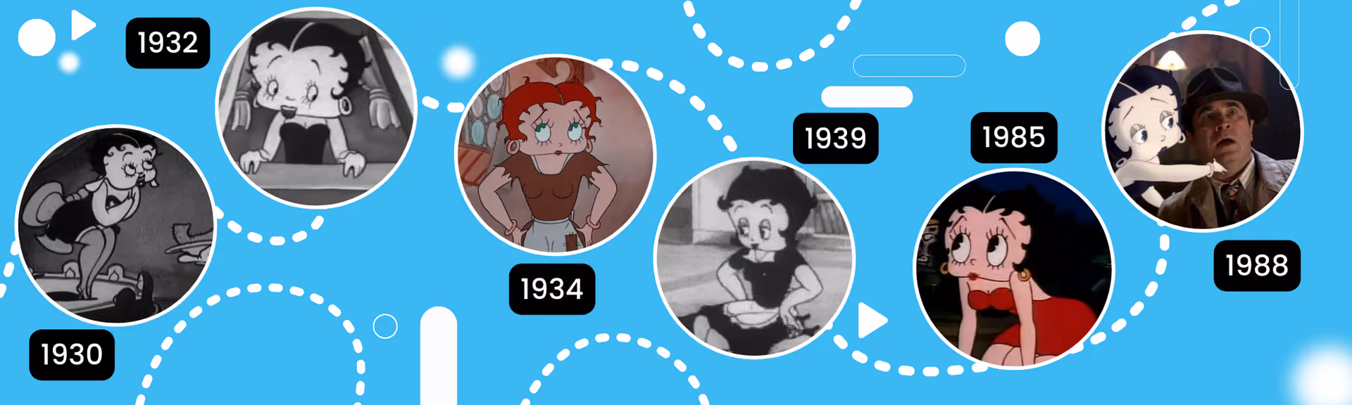 Betty Boop's design over six frames: 1930, black and white with a longer, dog-like face; 1932, the familiar big eyes and spit curls; 1934, in colour with red hair and a longer skirt; 1939, back in black and white; 1985, in a red dress; 1988, live-action compositing with a bewildered detective