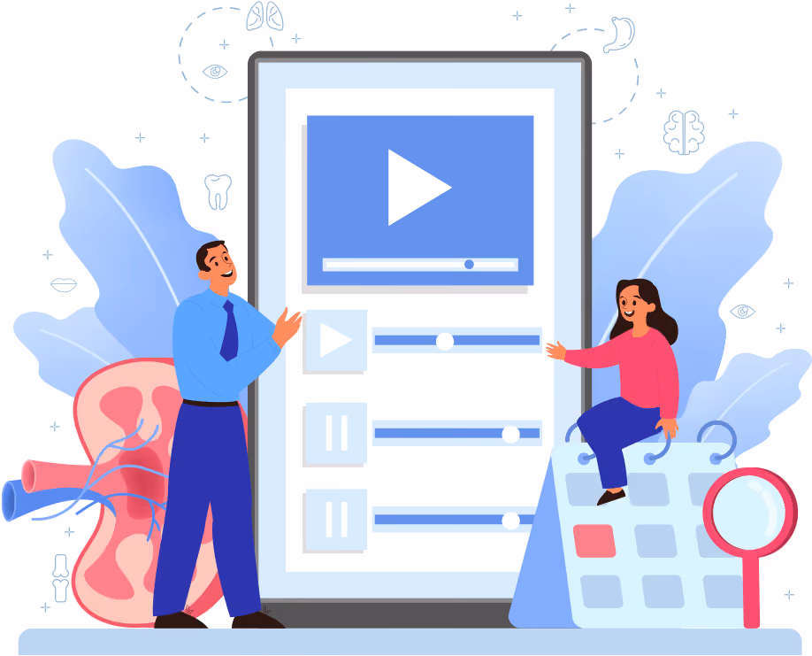 A flat illustration of a doctor and a woman either side of a tablet playing a video, anatomy diagrams and organ icons around them