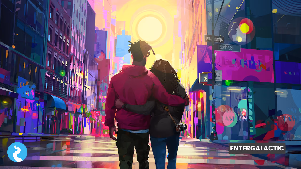A still from Entergalactic: a couple walking away from the camera arm in arm down a New York street at sunset, the buildings rendered in flat blocks of magenta, teal and gold, a Spring Street sign overhead