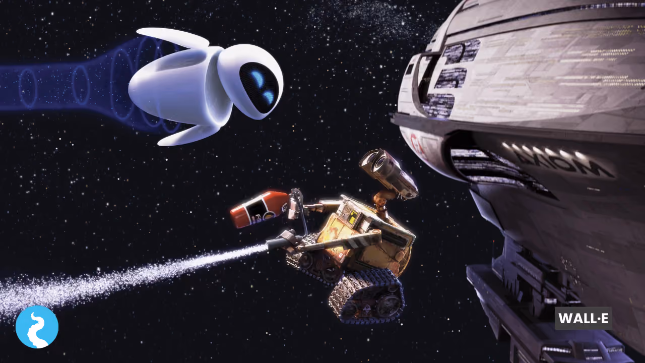 A still from WALL·E: the robot steering himself through space on a jet of fire-extinguisher spray beside EVE, the Axiom's hull filling the right of the frame