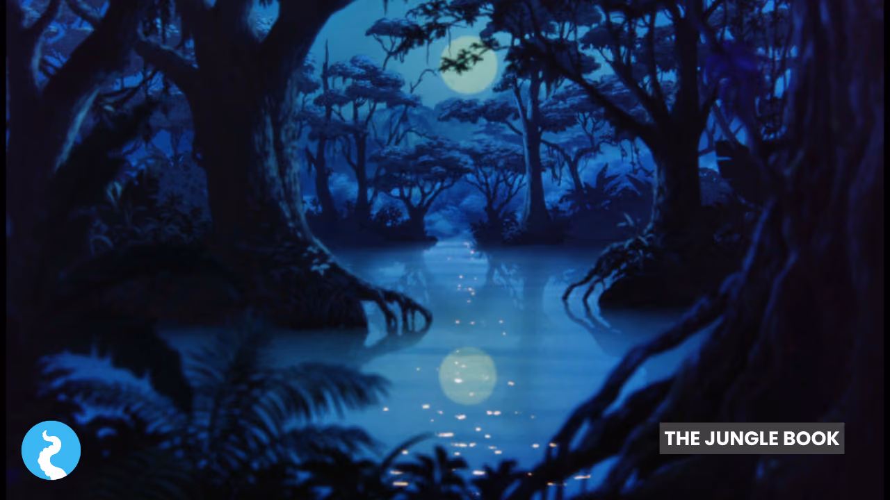 A painted background from The Jungle Book: a moonlit river running through the jungle in deep blues, fireflies over the water