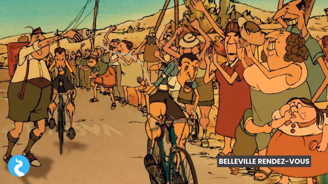 A still from Belleville Rendez-vous: gaunt, elongated cyclists grinding up a hill past a crowd of exaggerated spectators, one being handed a drink from a bottle