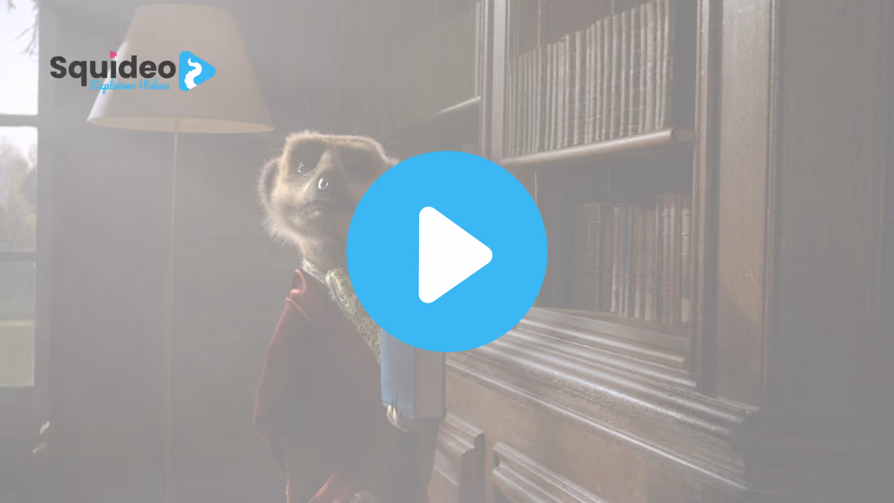 A meerkat in a red velvet smoking jacket and cravat, standing in a wood-panelled library