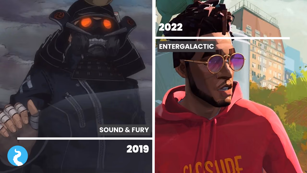 Two films side by side: Sound & Fury, 2019, a figure in a horned helmet and gas mask with glowing orange lenses under a grey sky; and Entergalactic, 2022, a man in round sunglasses and a red hoodie against a bright painted city