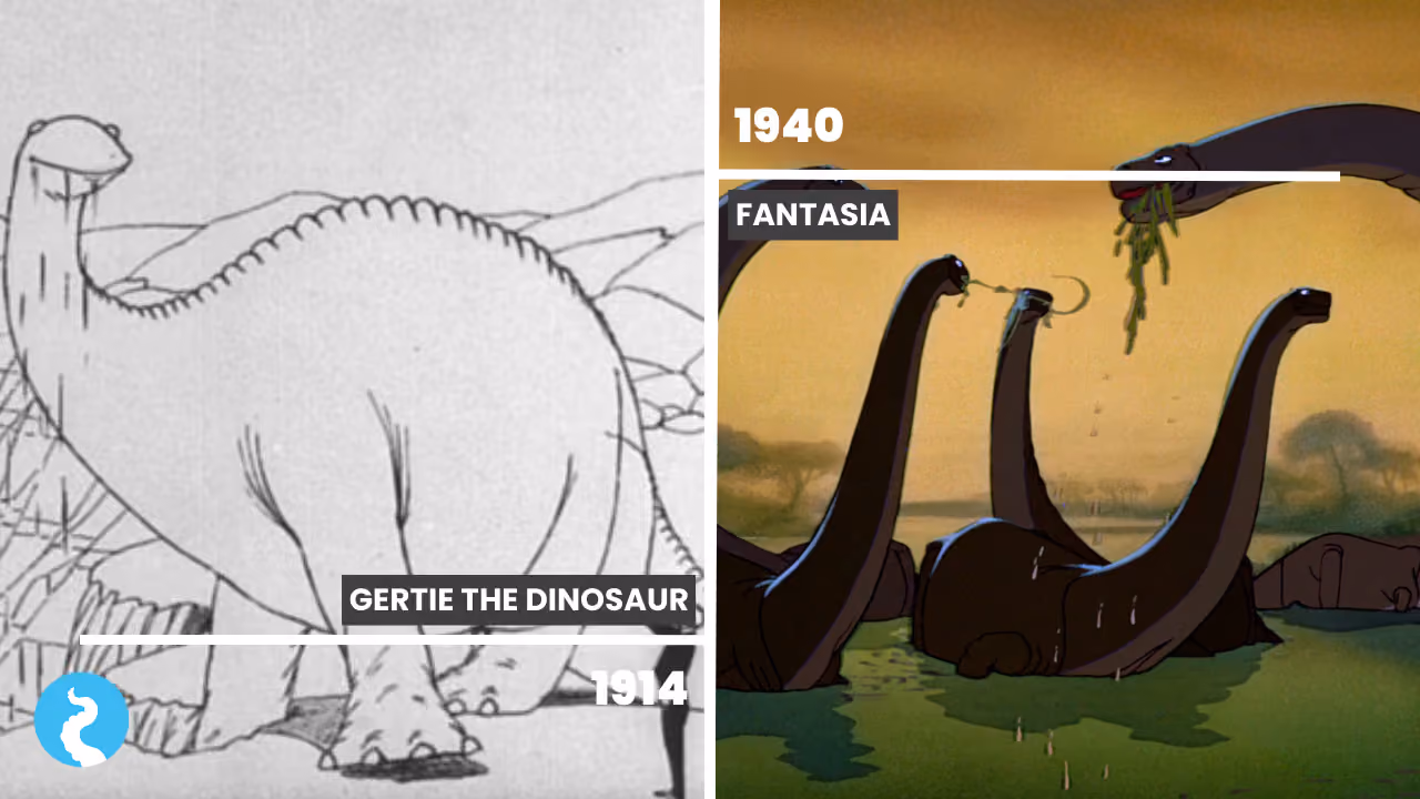 Two films side by side: Gertie the Dinosaur, 1914, a pen-and-ink sauropod on white; and Fantasia, 1940, painted long-necked dinosaurs wading in a green swamp under an ochre sky, one pulling up a mouthful of weed