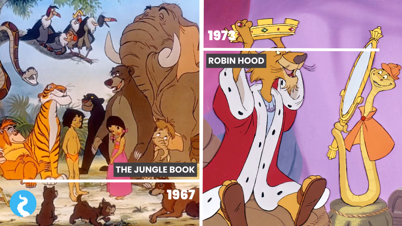 Two films side by side: The Jungle Book, 1967, Mowgli among Shere Khan, Bagheera, Baloo, Kaa, the vultures and the elephants; and Robin Hood, 1973, Prince John lifting his crown beside Sir Hiss in a mirror stand