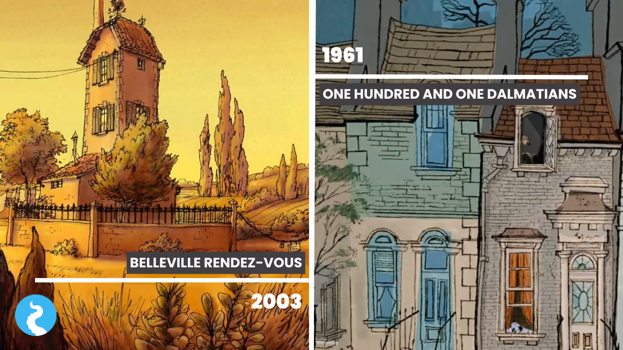 Two films side by side: Belleville Rendez-vous, 2003, a leaning ink-and-watercolour house among cypresses in ochre light; and One Hundred and One Dalmatians, 1961, a row of London houses in the Xerox line style, a face at an upstairs window