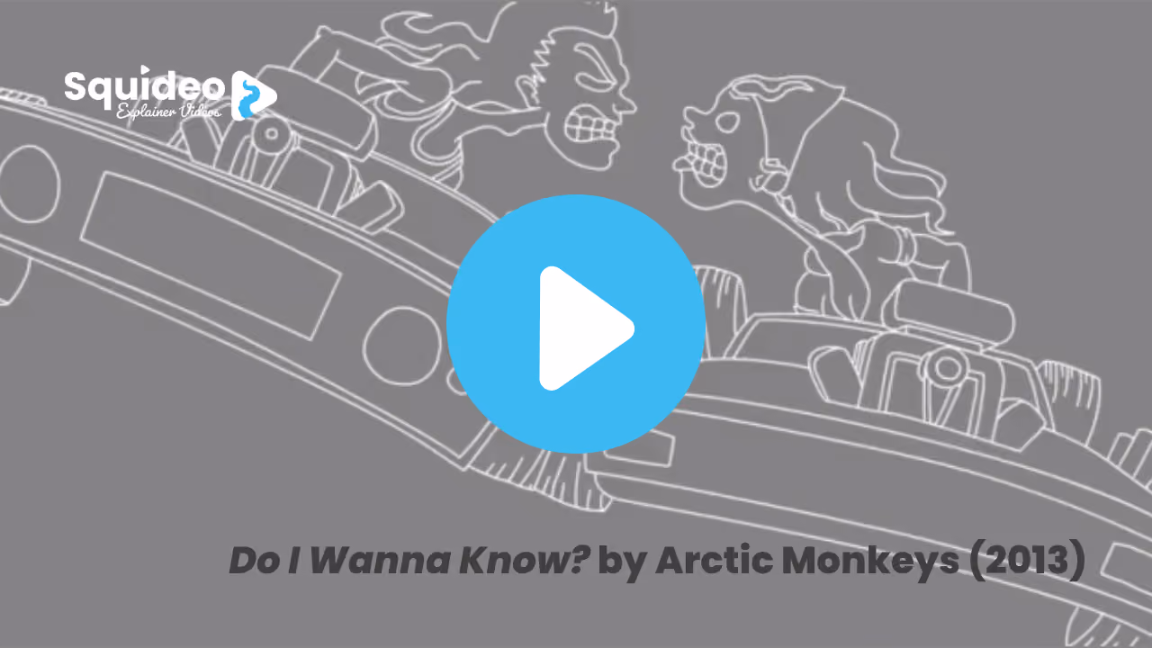 A still from Do I Wanna Know? by Arctic Monkeys, 2013: white line drawing on flat grey, a rollercoaster car climbing a track past snarling carved lions