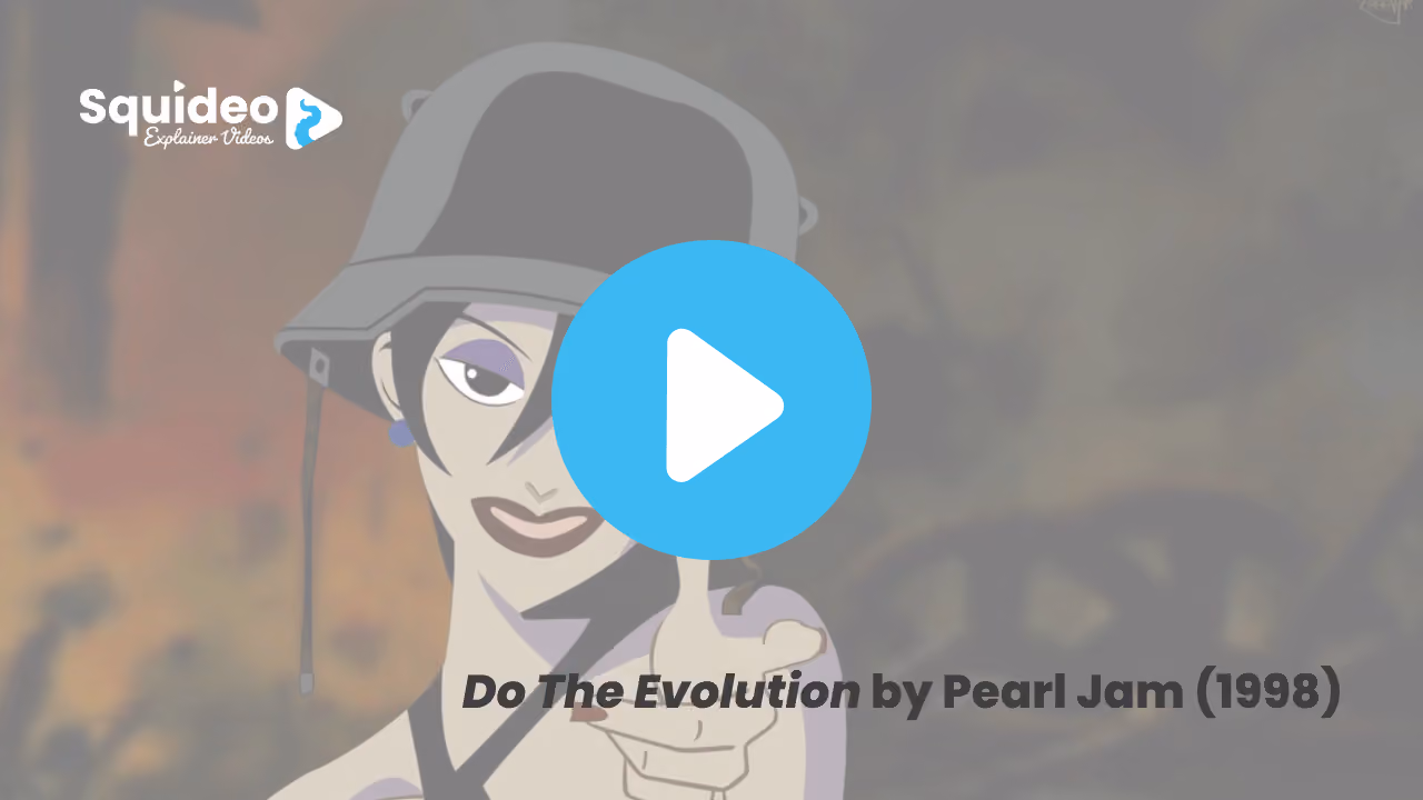 A still from Do The Evolution by Pearl Jam, 1998: harsh angular hand-drawn animation, a woman in a steel helmet pointing at the viewer over a burnt landscape