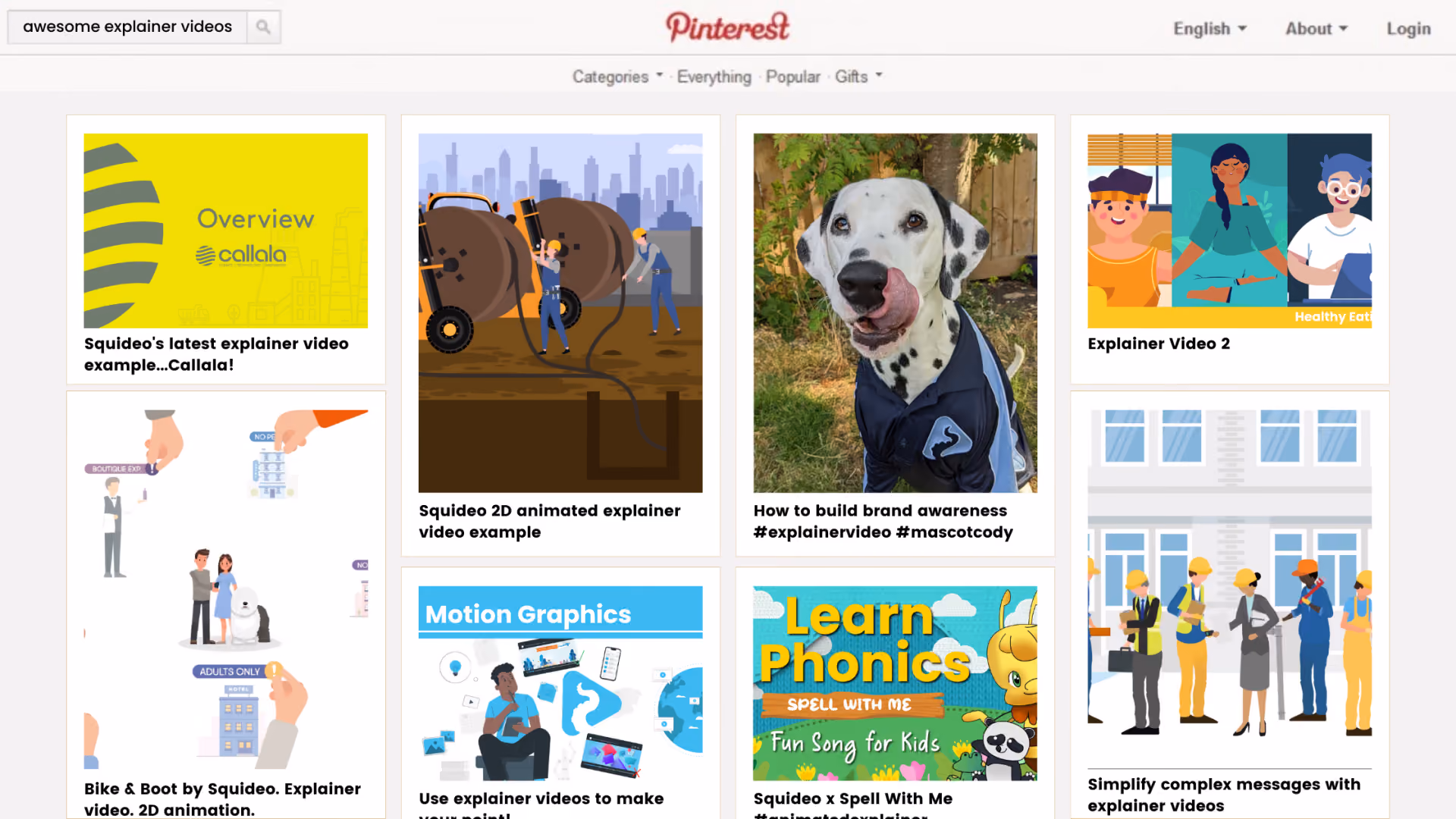 A Pinterest search for 'awesome explainer videos' returning Squideo's pins: a callala overview, a 2D animated example with a cement mixer, Cody the dalmatian in a Squideo polo shirt, a Bike & Boot explainer, a motion graphics card, Squideo x Spell With Me's Learn Phonics, and a construction-site explainer