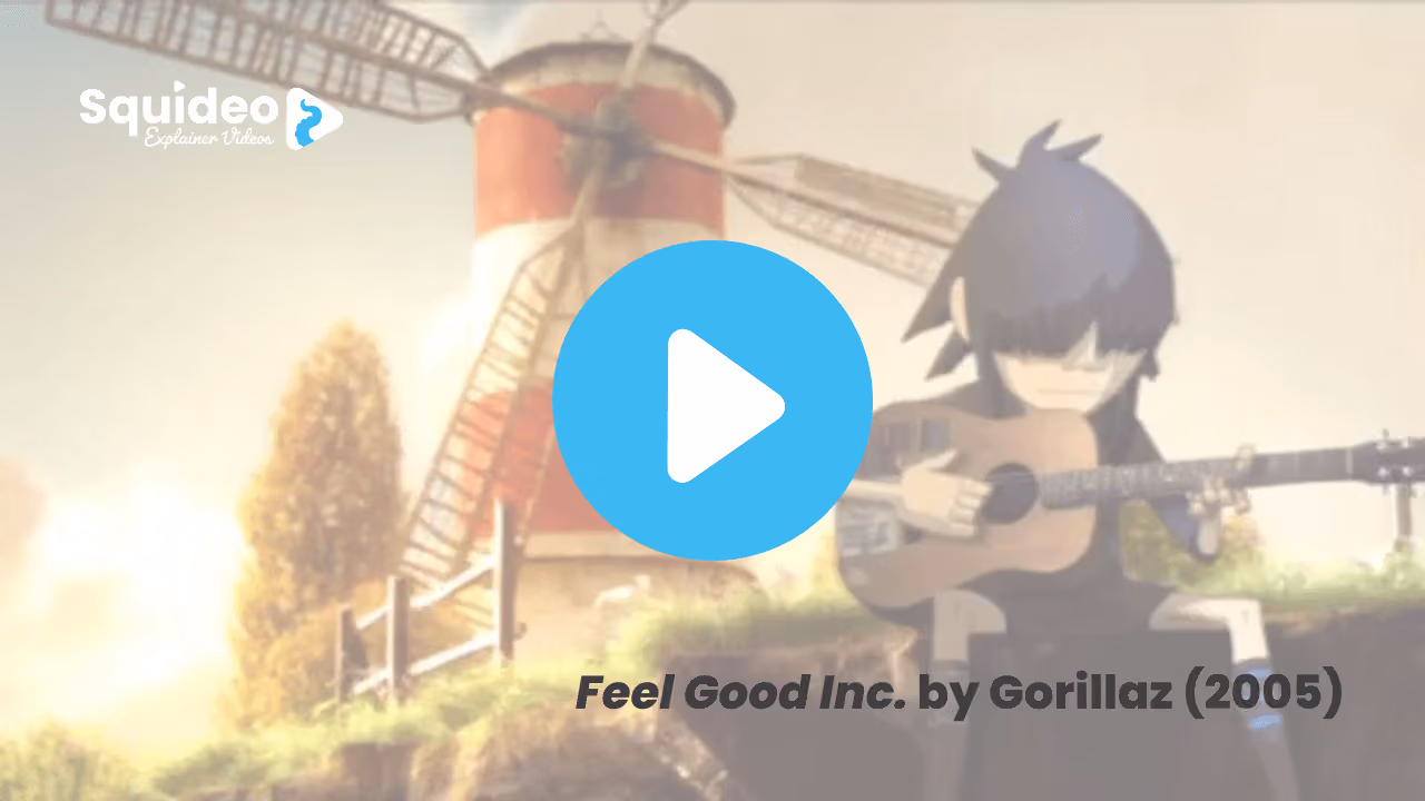 A still from Feel Good Inc. by Gorillaz, 2005: cel-shaded 3D, 2D playing an acoustic guitar on a floating island beside a red and white windmill