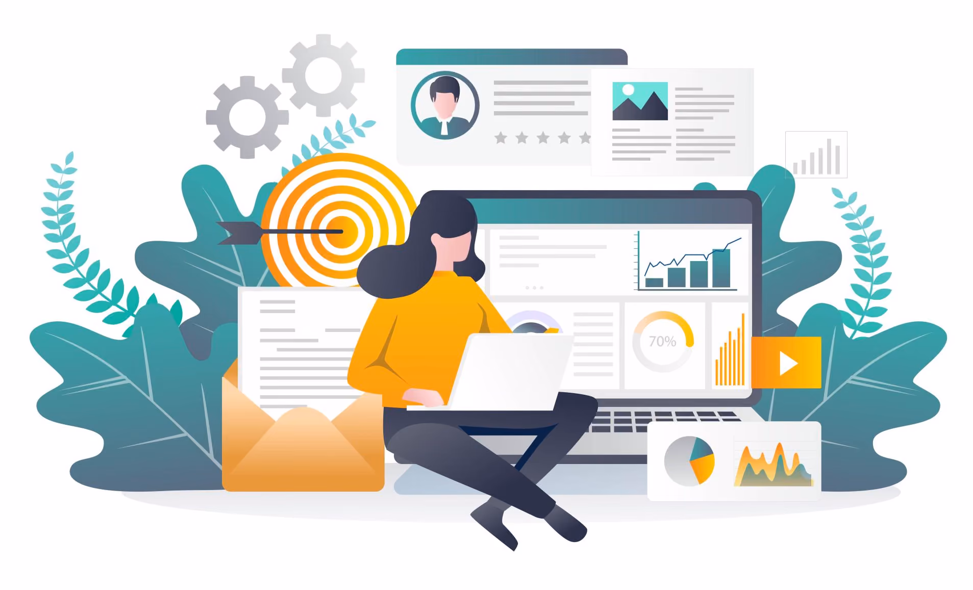 A flat illustration of a woman working cross-legged on a laptop, surrounded by an analytics dashboard, a target, an envelope and a review card