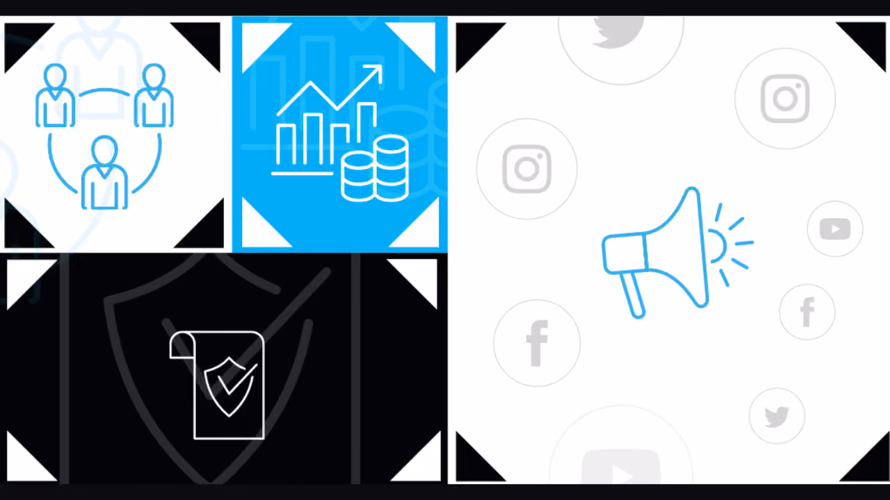 A grid of line icons from the video: three people in a circle, a rising bar chart with stacks of coins, a certificate over a shield, and a megaphone among faded Facebook, Instagram, Twitter and YouTube badges
