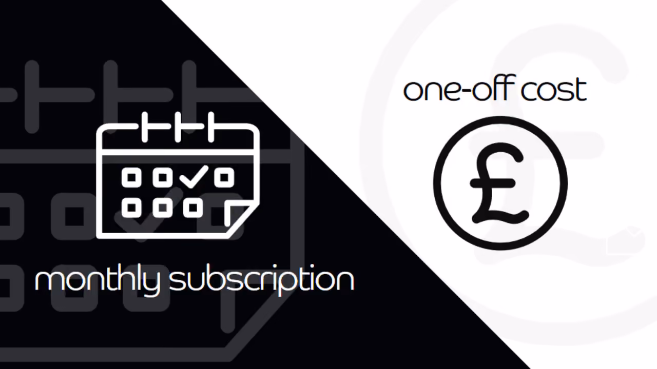 A frame split on the diagonal: on the black half a calendar with a tick, captioned 'monthly subscription'; on the white half a pound sign in a circle, captioned 'one-off cost'