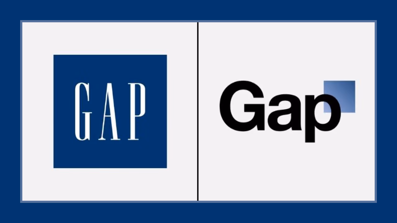 Gap's two logos side by side: on the left the long-standing navy square with GAP in tall white serif capitals; on the right the 2010 replacement, 'Gap' in black Helvetica with a small blue gradient square overlapping the p