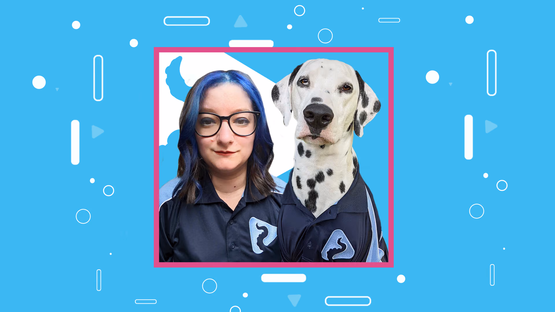 A framed photograph on a bright blue background: a woman with blue-streaked hair and a dalmatian side by side, both in matching navy Squideo polo shirts