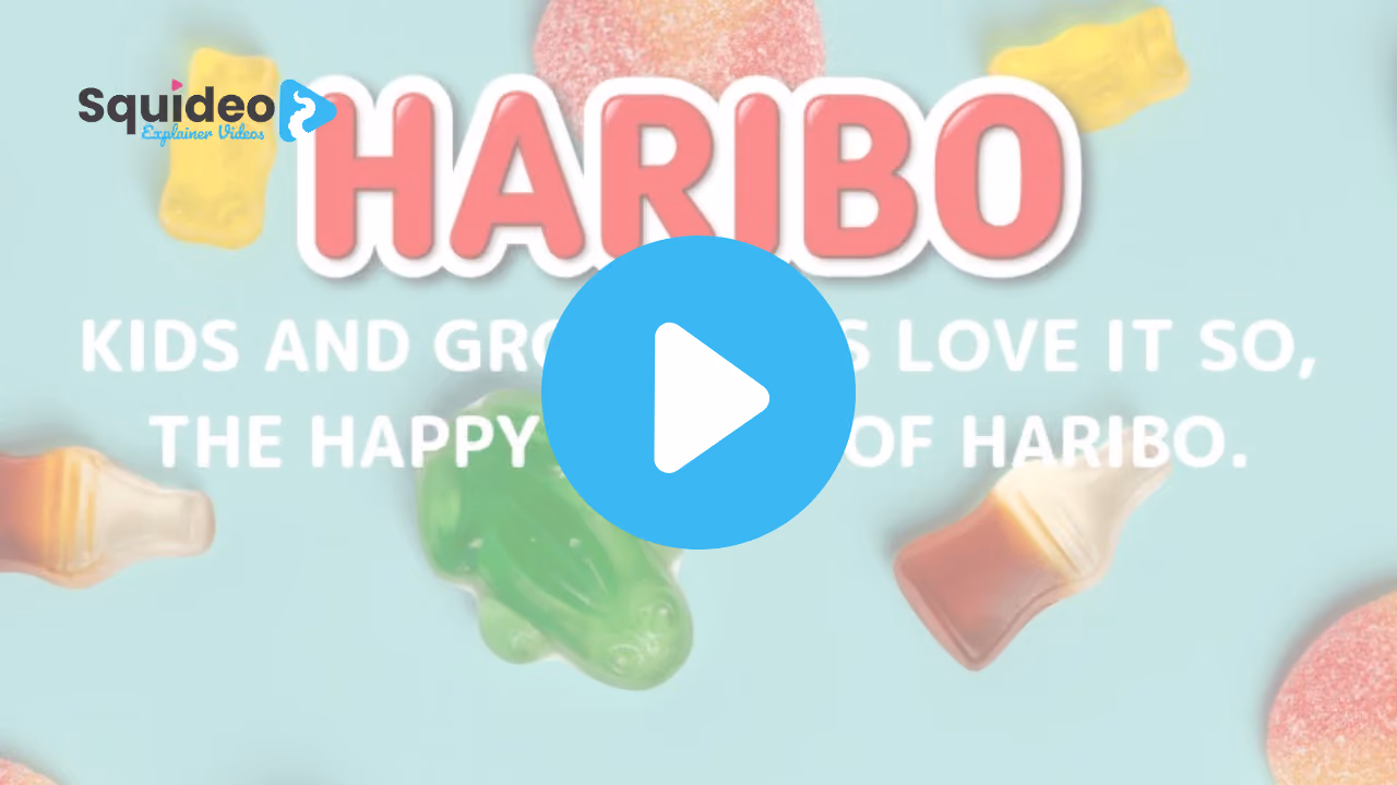A Haribo advert on a mint-green background scattered with jelly sweets, captioned 'Kids and grown-ups love it so, the happy world of Haribo'