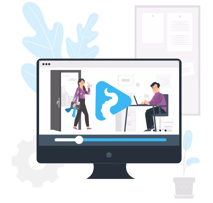 A flat illustration of a desktop monitor playing a video — a woman arriving through a doorway and a man working at a desk — with a large Squideo play button over the frame