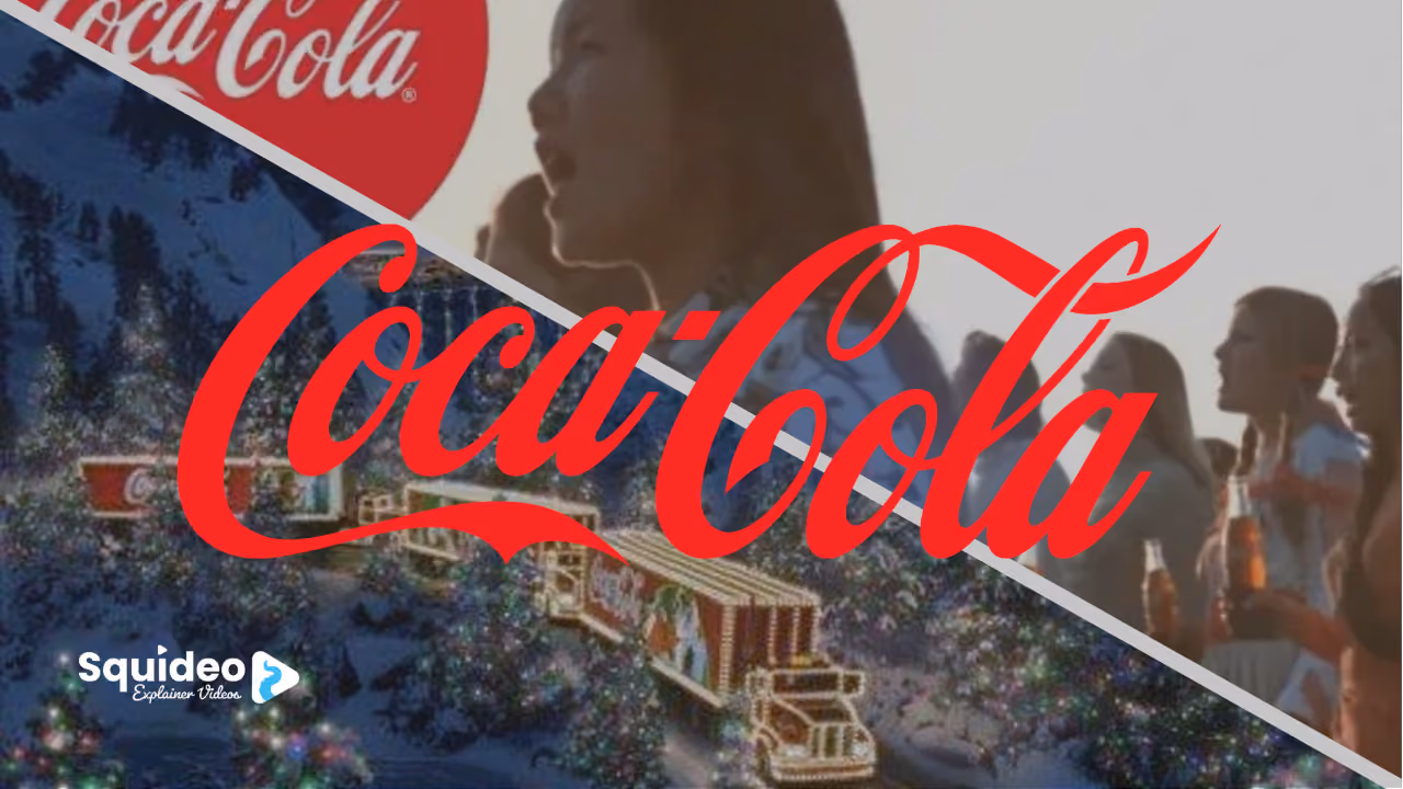 Two Coca-Cola adverts split by a diagonal under the script logo: the 1971 hilltop chorus of young people holding bottles, and the lit-up Christmas convoy driving through a snowy town