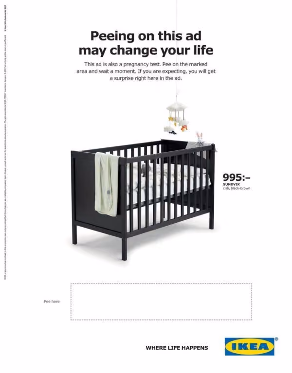 An IKEA press advert headed 'Peeing on this ad may change your life', explaining that the ad is also a pregnancy test: pee on the marked area and, if you are expecting, a surprise appears in the ad. Below, a black-brown SUNDVIK crib at 995:–, a dashed box marked 'Pee here', and the line 'Where life happens'