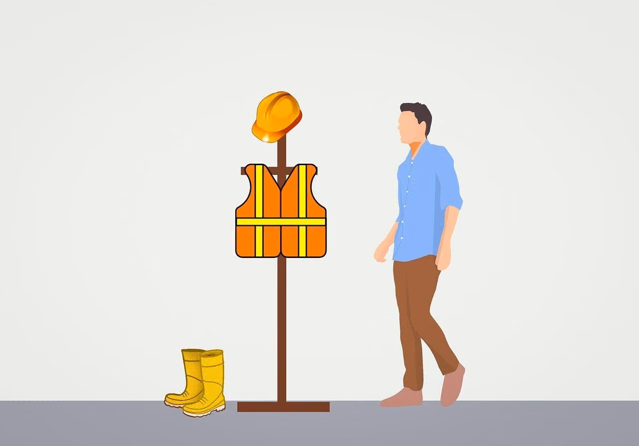 Illustration of a worker walking towards a hard hat, hi-vis vest and safety boots