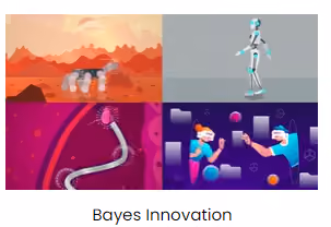 Four frames from a Bayes Innovation video: a rover on a red planet, a humanoid robot walking, a virus travelling a blood vessel, and two people in VR headsets
