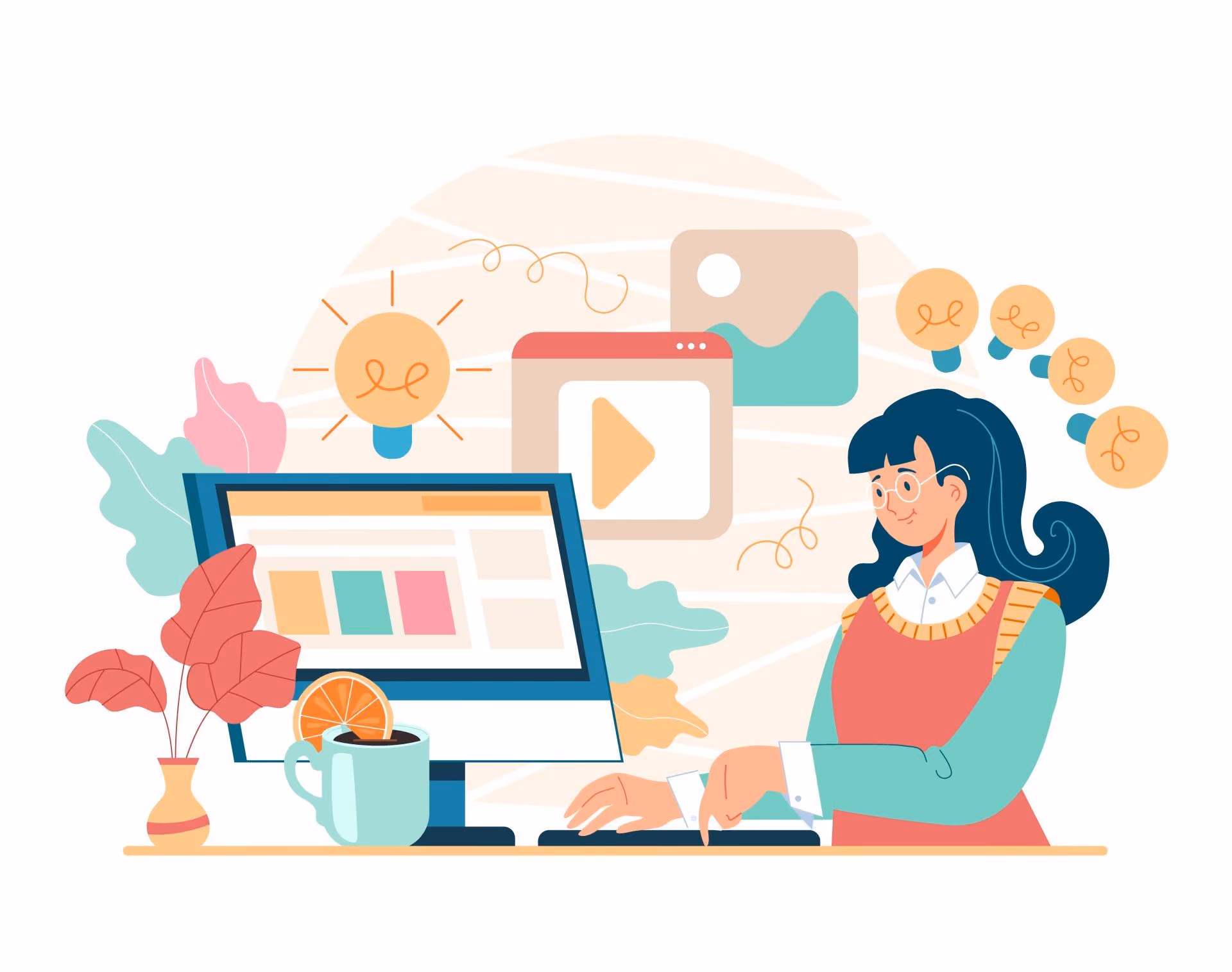 Female Cartoon Character Using a Computer