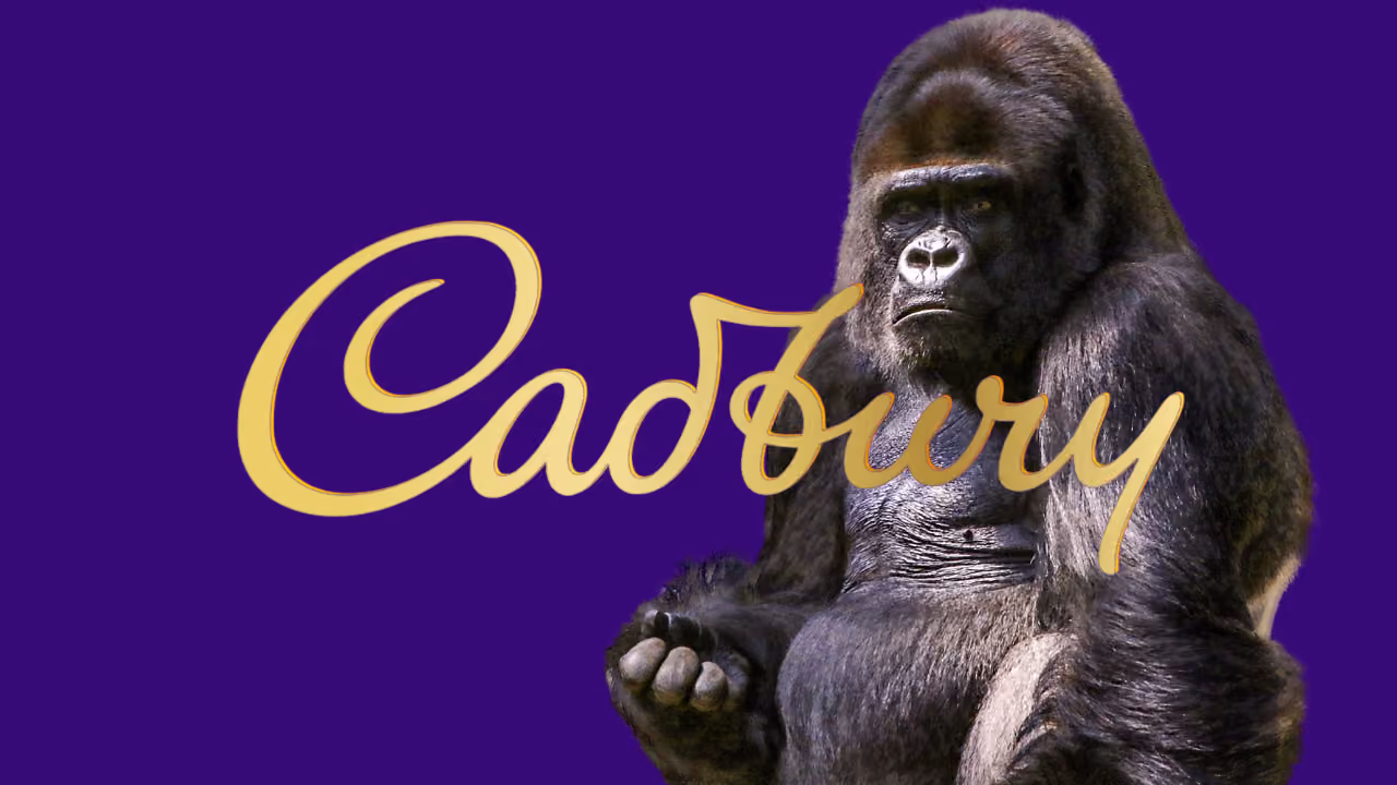 The Cadbury gorilla sitting behind its drum kit against Cadbury purple, the gold Cadbury script across the frame