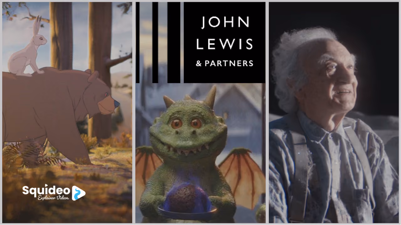 Three John Lewis Christmas adverts side by side under the John Lewis & Partners logo: the animated hare and bear, Edgar the excitable dragon melting a Christmas pudding, and the elderly Man on the Moon