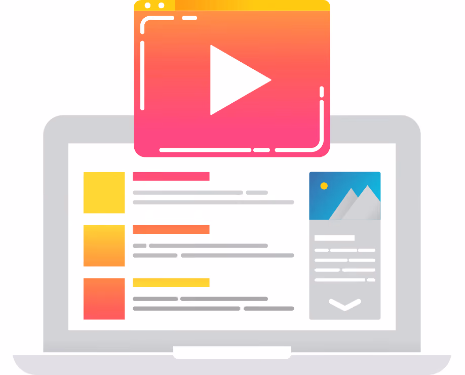 A flat illustration of a laptop showing an article, a bright pink and orange video player floating out of the screen