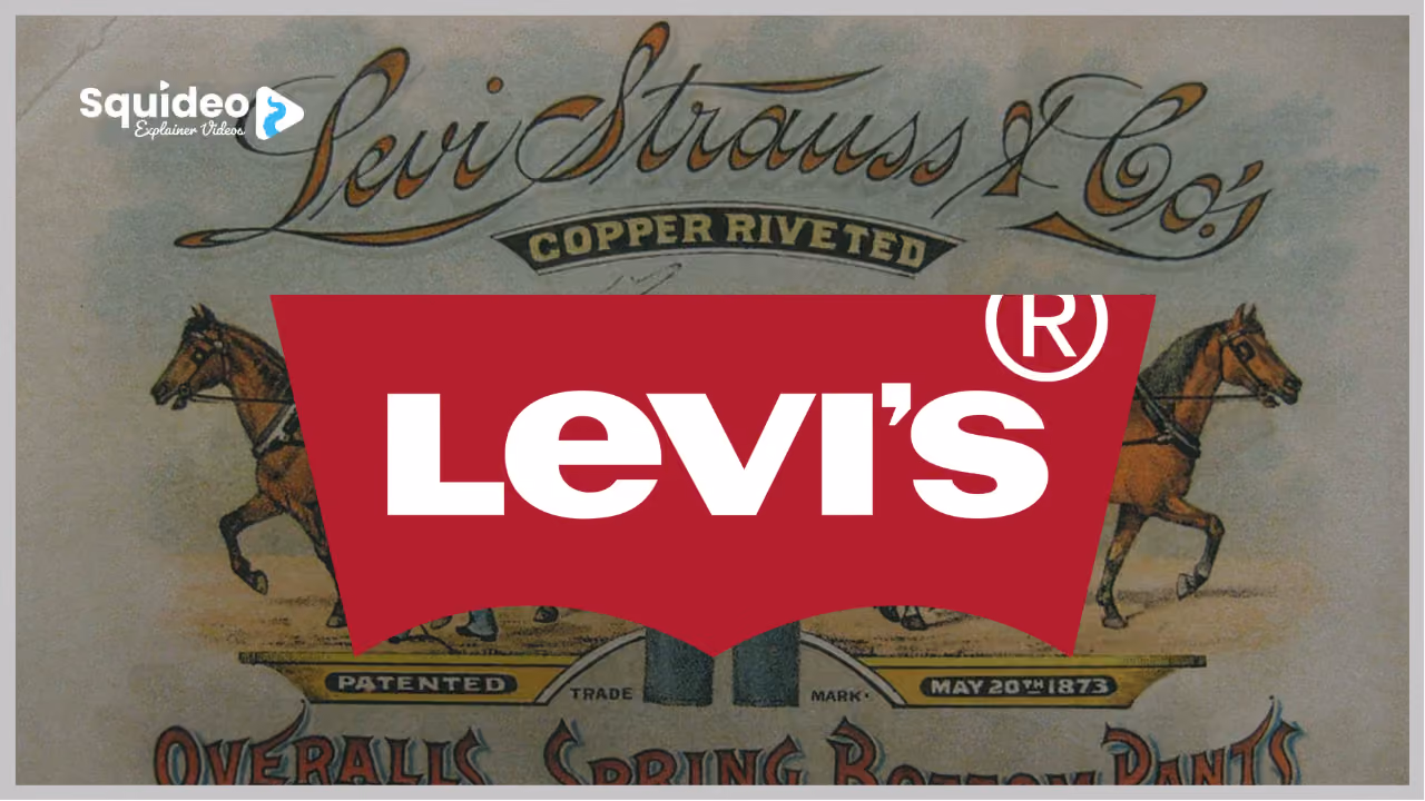 The modern red Levi's batwing logo laid over the 1873 Levi Strauss & Co. trademark, in which two horses pull against a pair of copper-riveted jeans, marked 'patented May 20th 1873' and 'Overalls Spring Bottom Pants'