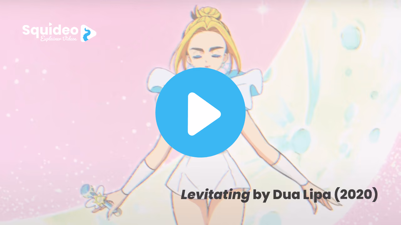 A still from Levitating by Dua Lipa, 2020: anime-styled animation, a blonde figure in a white dress with puffed sleeves floating with her arms outstretched against pink and pastel